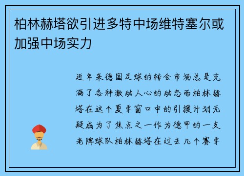 柏林赫塔欲引进多特中场维特塞尔或加强中场实力
