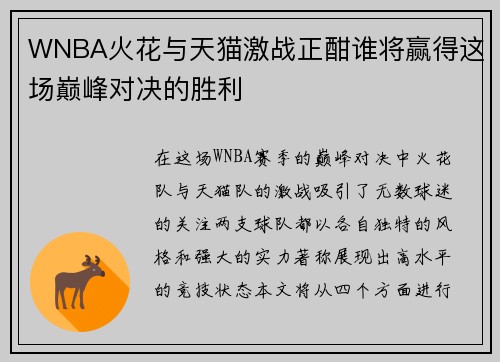 WNBA火花与天猫激战正酣谁将赢得这场巅峰对决的胜利